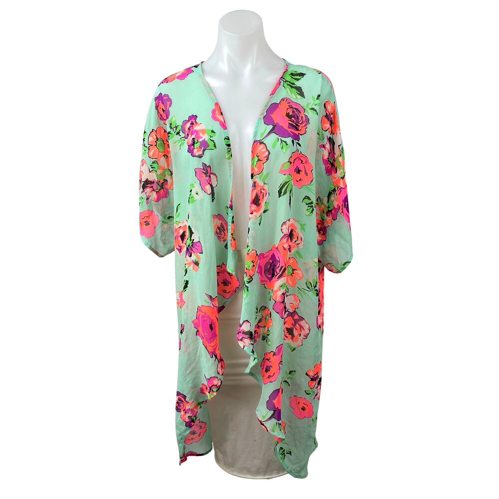 Ocean Pacific Multicolor Floral Long Sleeve Kimono Duster CoverUp Cardigan Top M